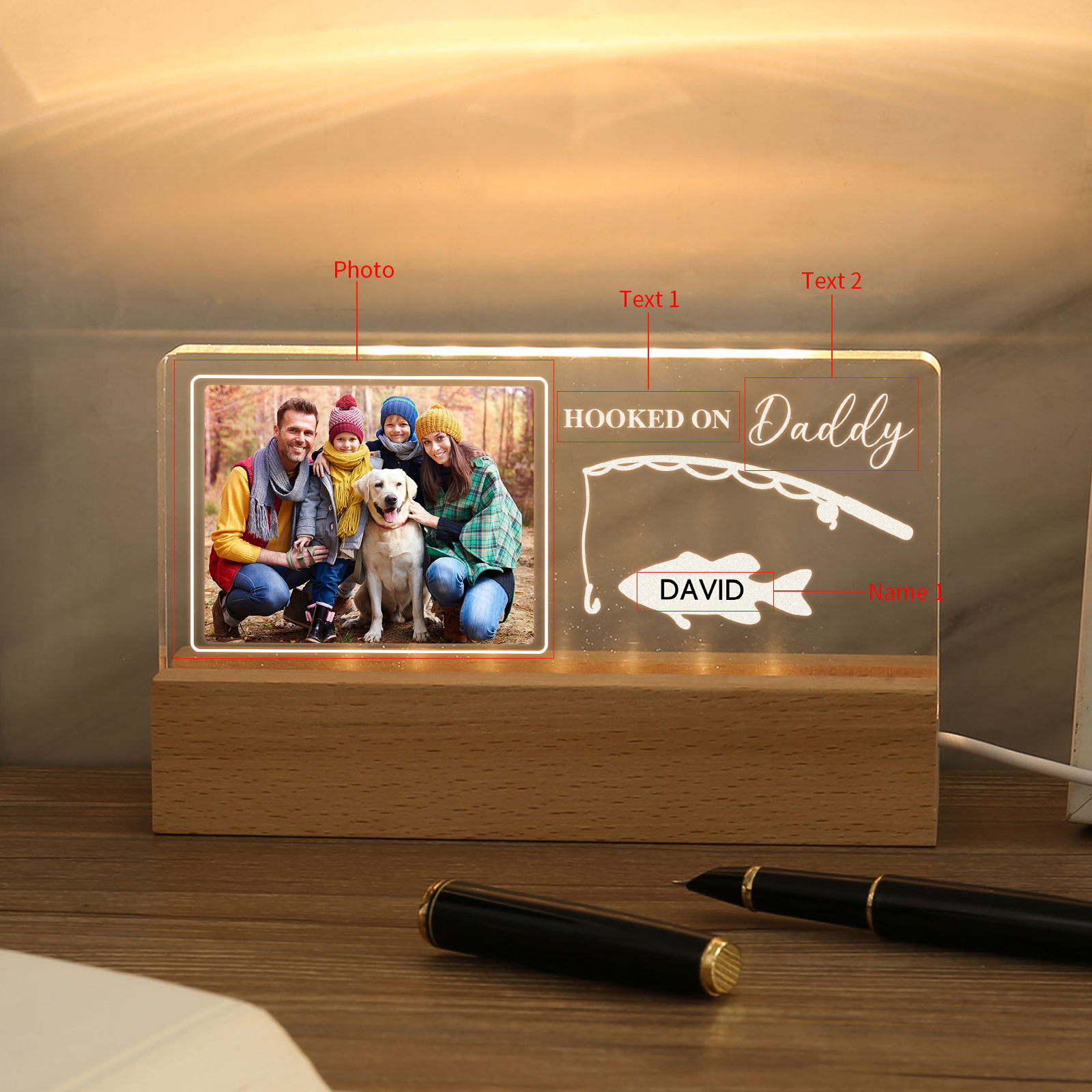 1 Name - Personalised Photo Fishing Pattern Desk Lamp Father's Day Gift For Dad