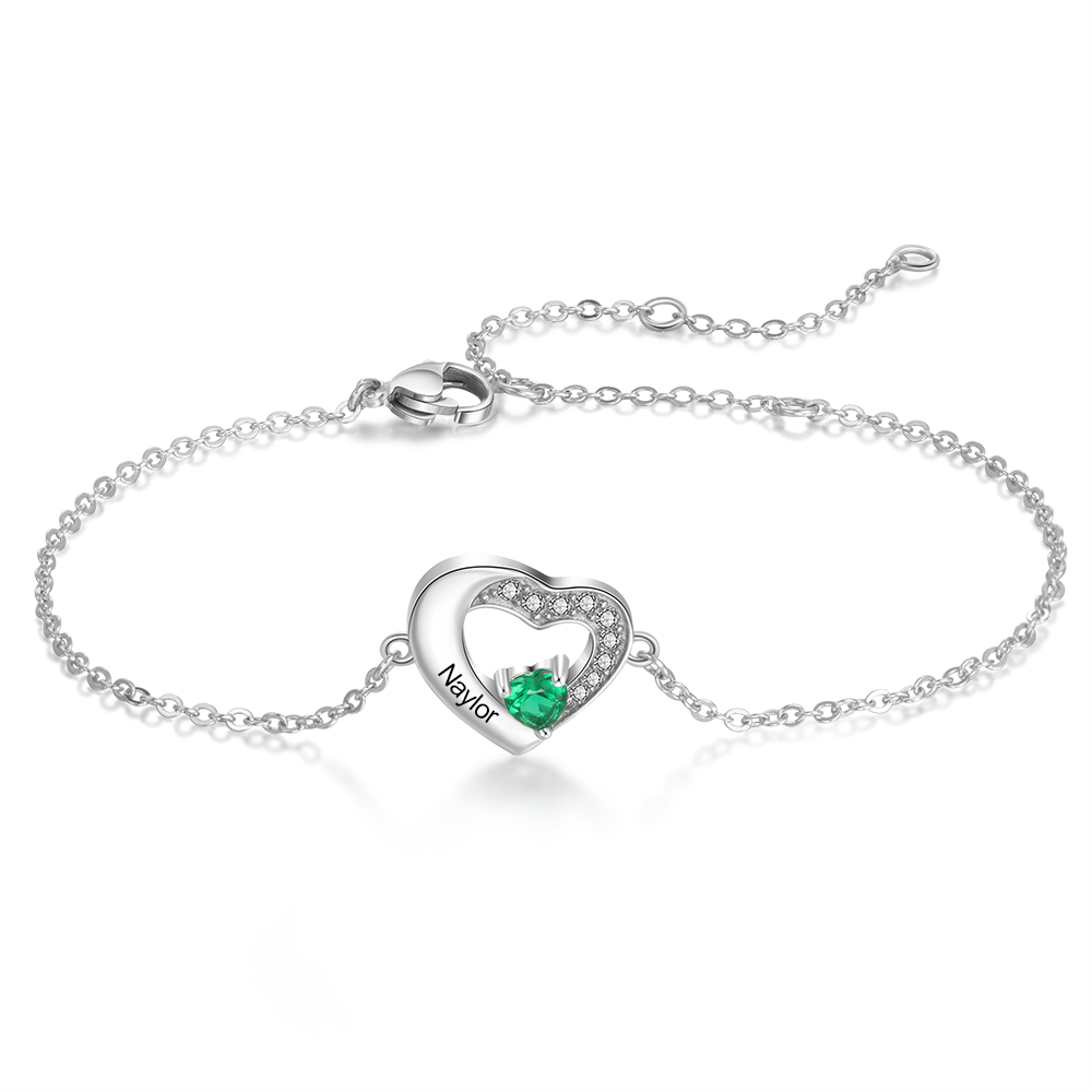Personalised Heart Bracelet With 1 Birthstone Engraved Names Bracelet Gift For Women