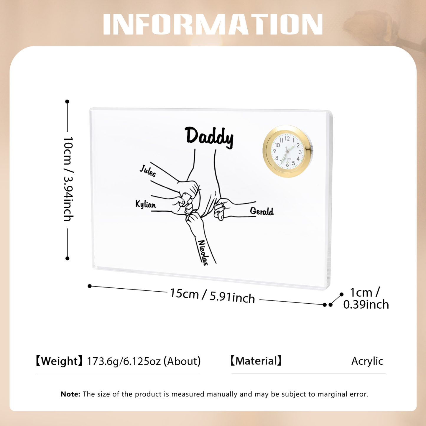 5 Names - Personalised Holding Hands Pattern Custom Name Acrylic Rectangular Clock Ornament Father's Day Gift