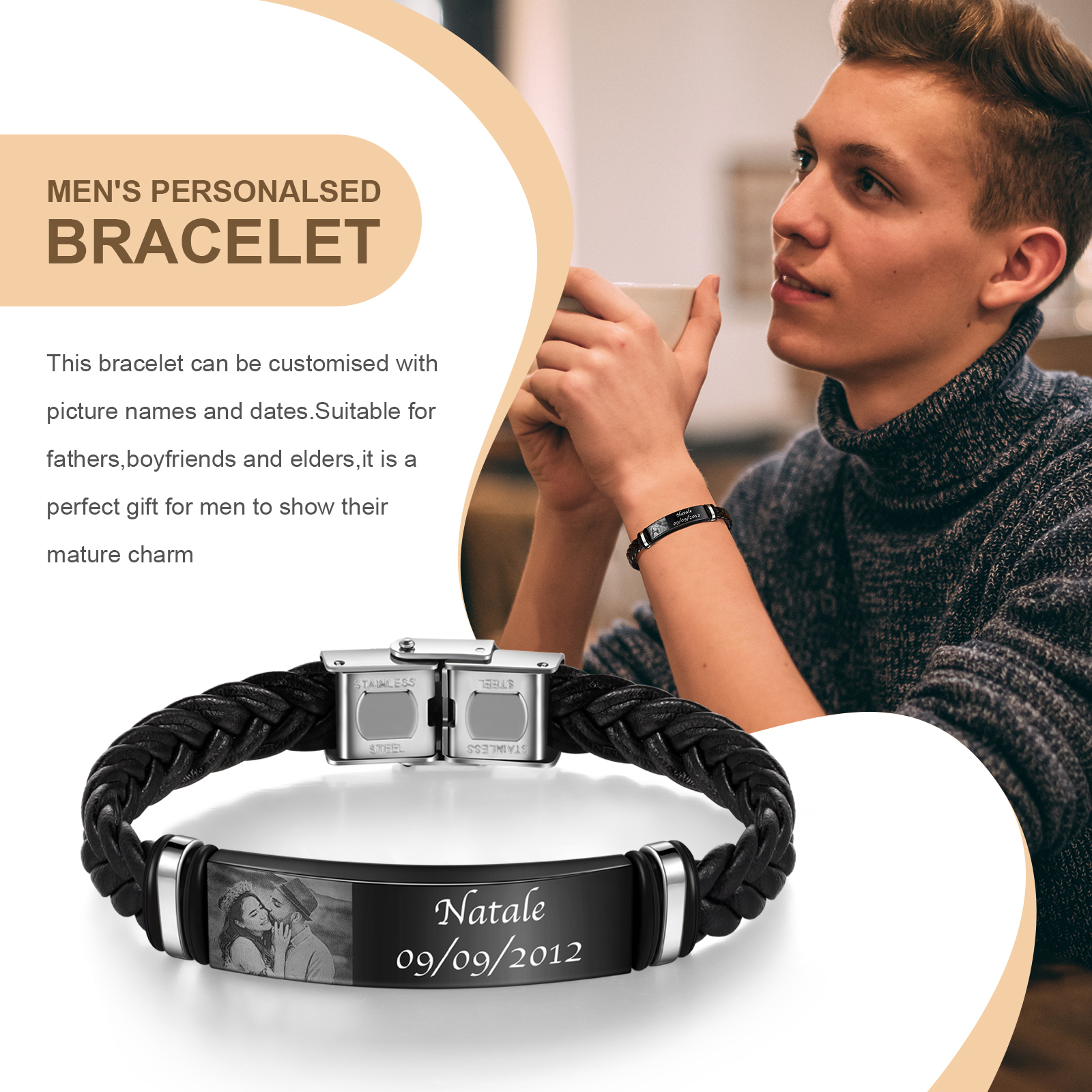 Personalised PU Leather Men's Photo Bracelet, Custom Name Bracelet Vintage Gift for Him