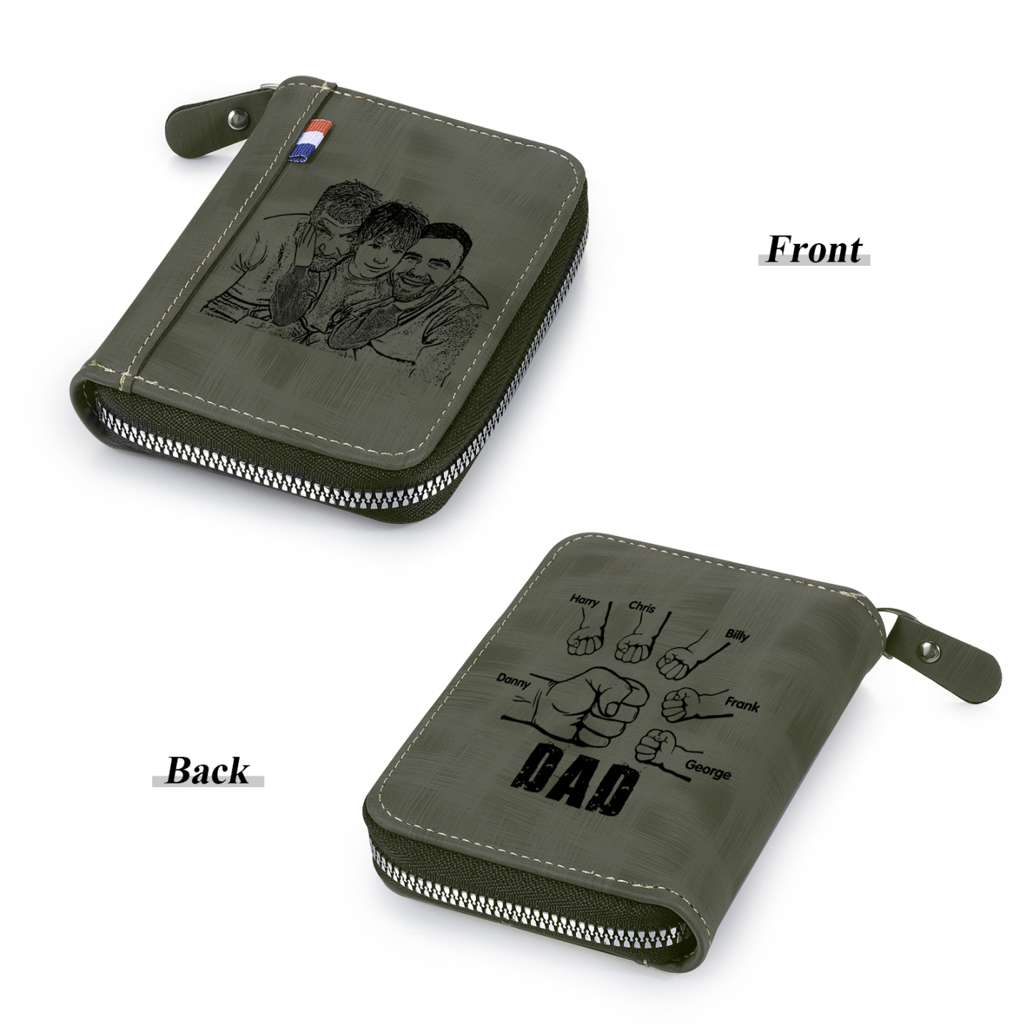 6 Names - Personalised Fist Bump Fist Bump Photo Custom Leather Men's Zipper Wallet as a Father's Day Gift for Dad