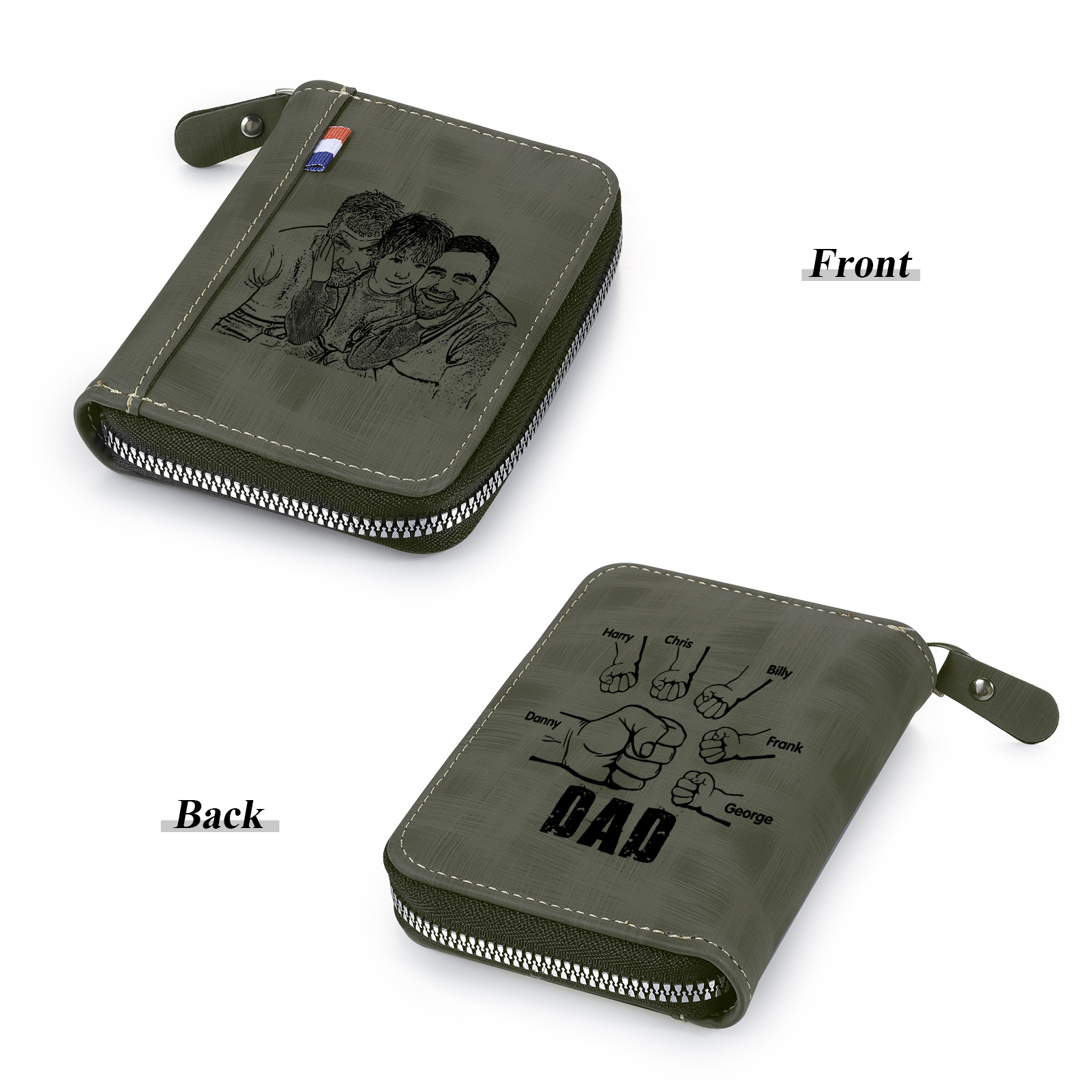 6 Names - Personalised Fist Bump Fist Bump Photo Custom Leather Men's Zipper Wallet as a Father's Day Gift for Dad