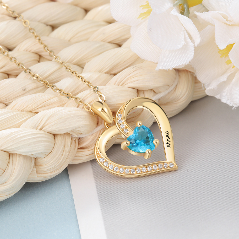 Personalised Name Heart Necklace with Birthstone Gift for Her