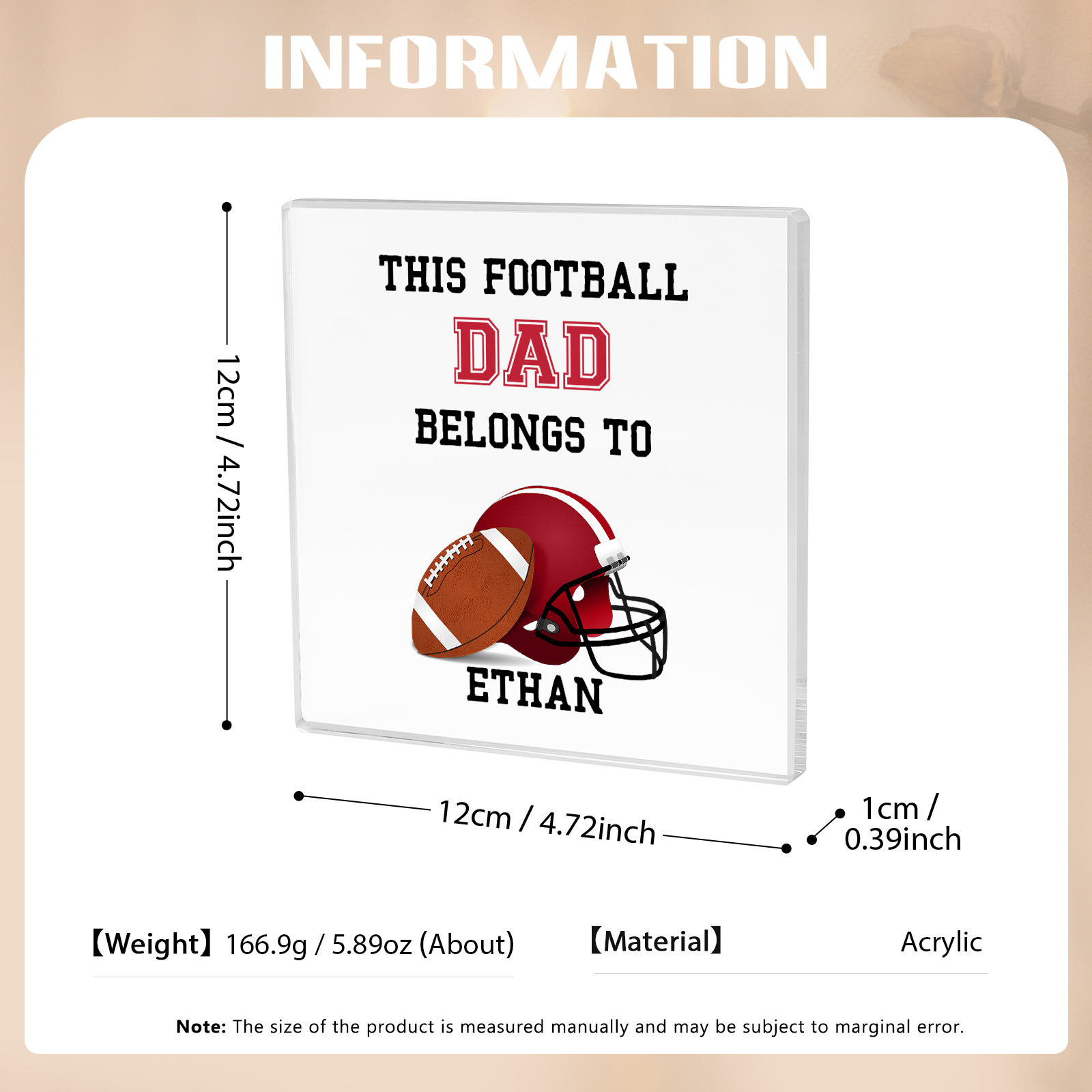 1 Name -Personalised Football Acrylic Keepsake Customized Name Acrylic Plaque Ornament Father's Day Gift for Dad