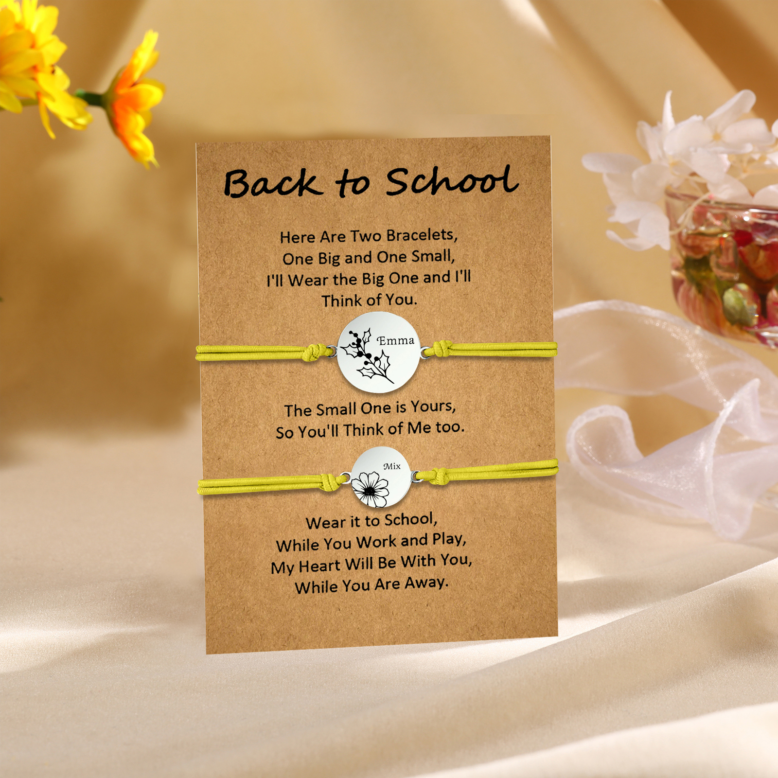 2 PCS Personalized 2 Birthflowers & 2 Names Elastic Stainless Steel Bracelet Back to School Gift for Daughter