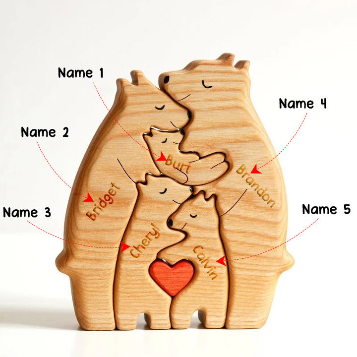 Personalised Wooden Bears Family Puzzle Custom 5 Names Gifts for Family