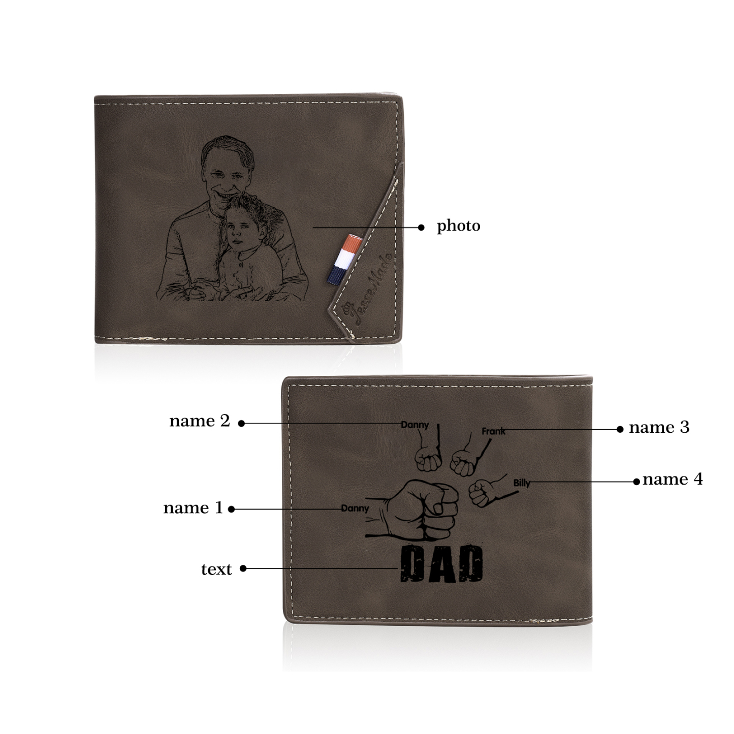 4 Names - Personalised Fist Bump Photo Custom Leather Men's Wallet as a Father's Day Gift for Dad