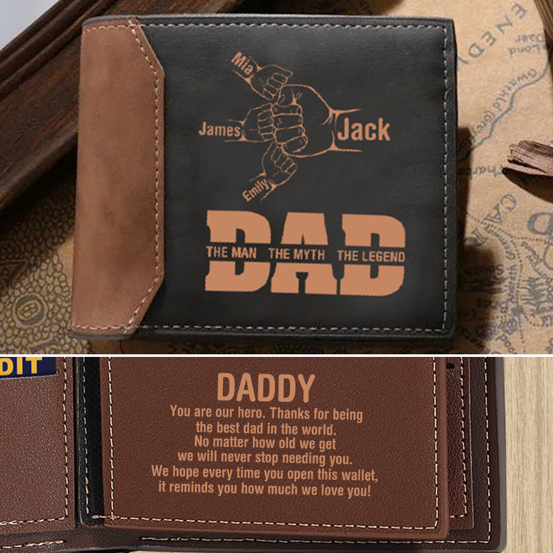 Personalized Men's Leather Wallet Custom 2–9 Names Billfold Wallet Fist Bump Gift for Dad - The Man, The Myth, The Legend