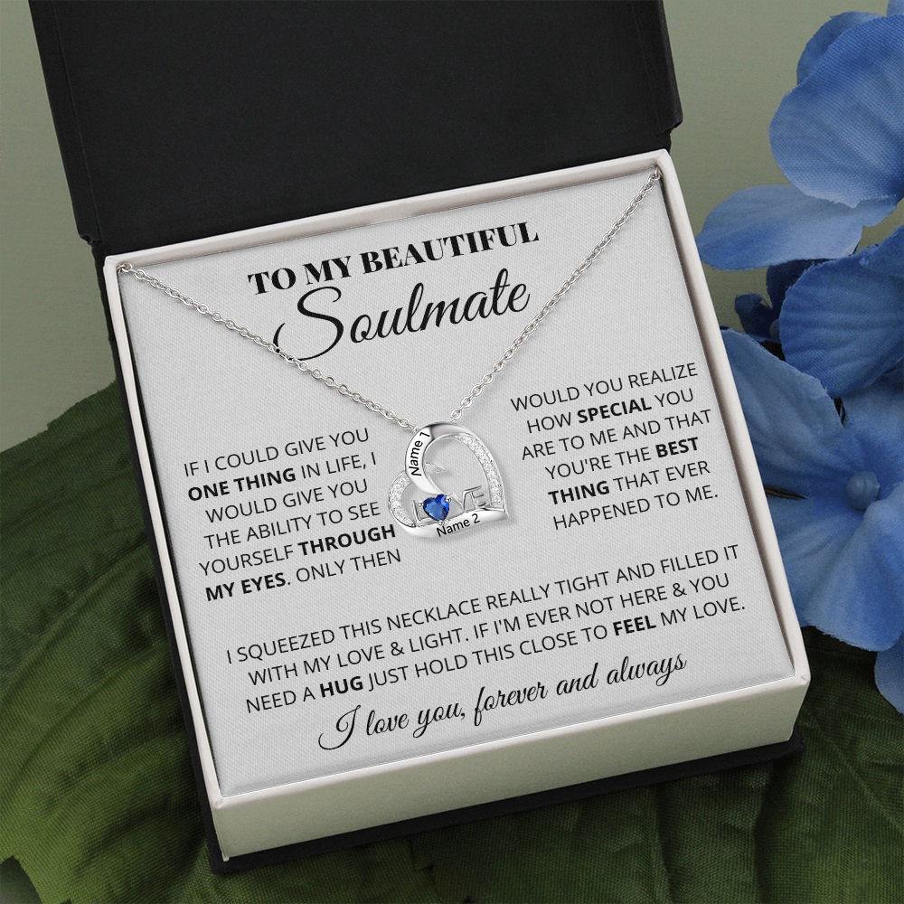 Personalised To My Soulmate S925 LOVE Heart Necklace with Heart Birthstone Engraved Names | Jessemade