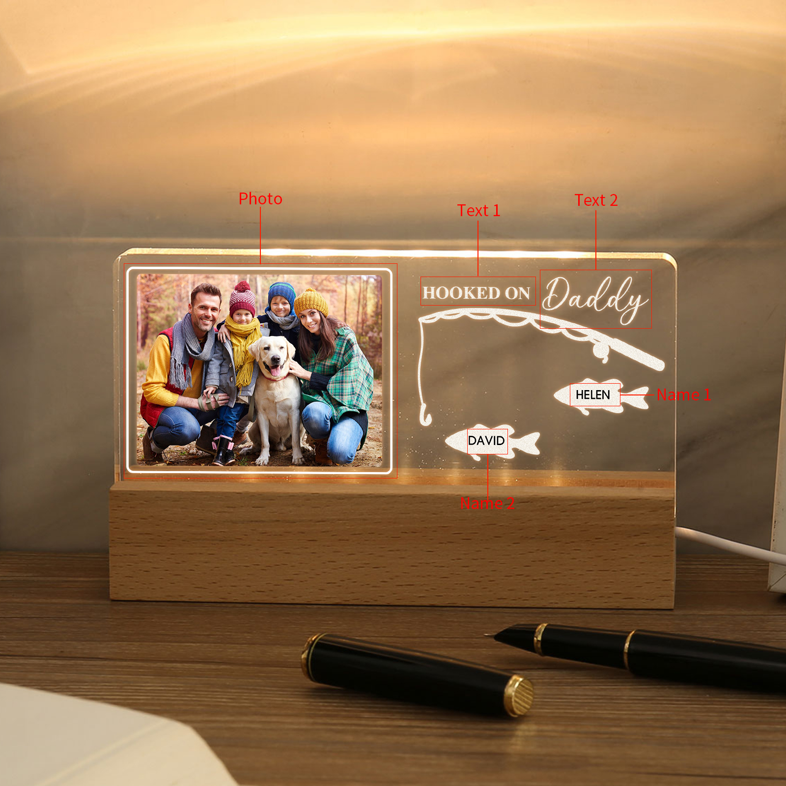 2 Names - Personalised Photo Fishing Pattern Desk Lamp Father's Day Gift For Dad