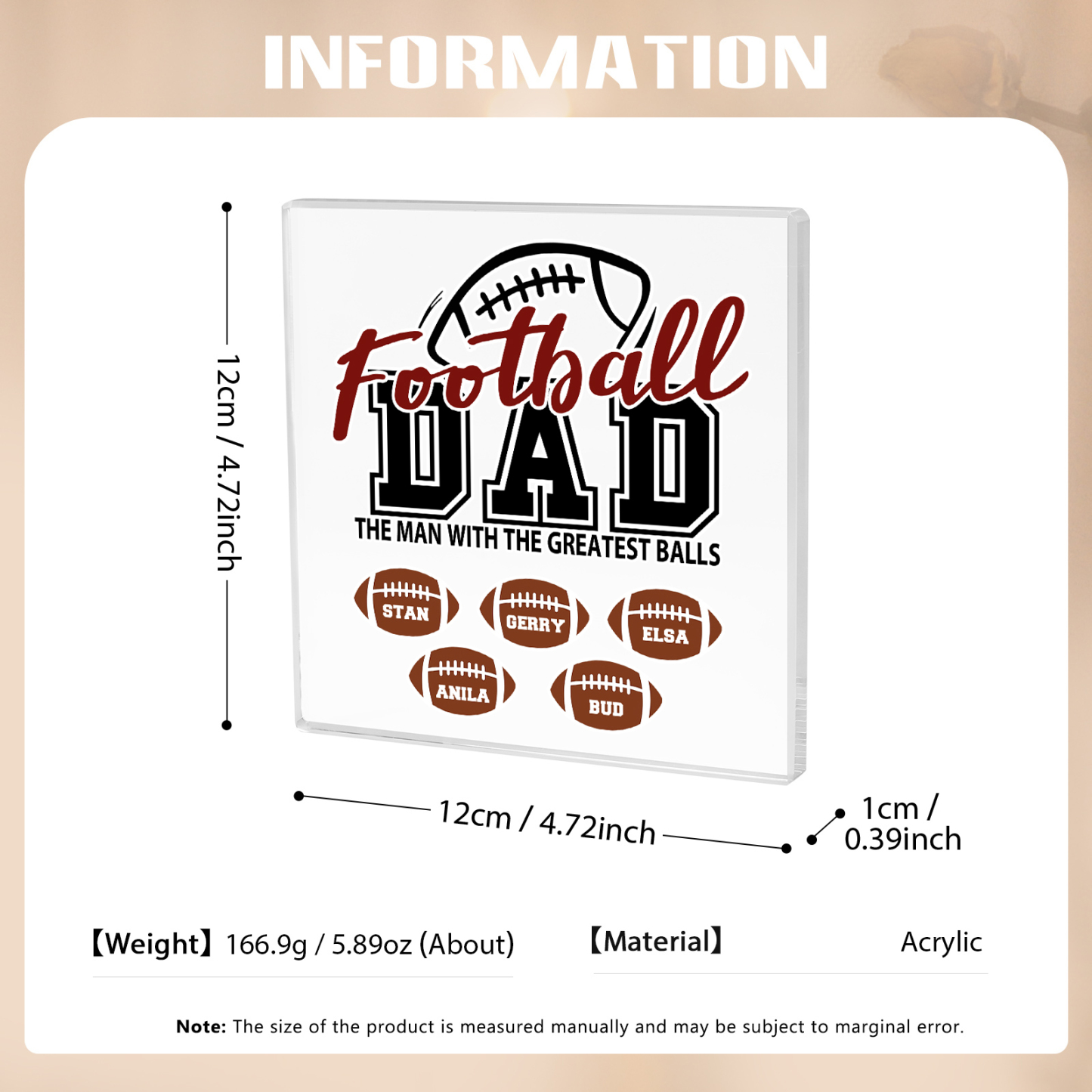 5 Names - Personalised Football Acrylic Keepsake Customized Name Acrylic Plaque Decoration Father's Day Gift for Dad