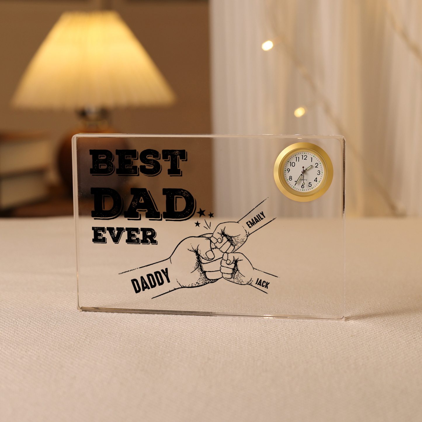 3 Names - Personalised Fist Bump Pattern Custom Name Acrylic Rectangular Clock Ornament Father's Day Gift