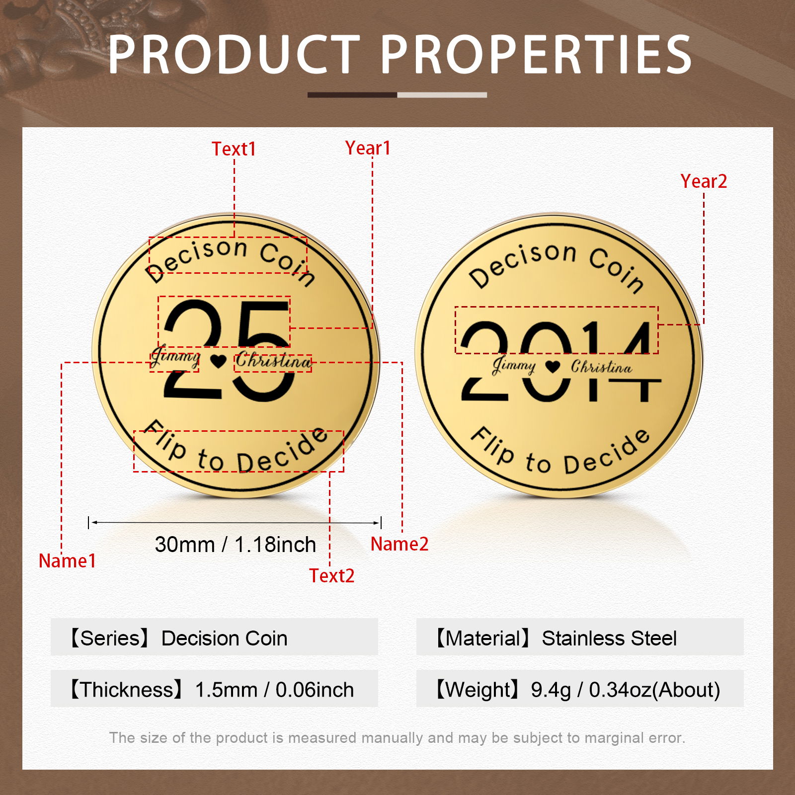2 PCS Personalized Name Stainless Steel Anniversary Coin Custom Text And Year Special Gift