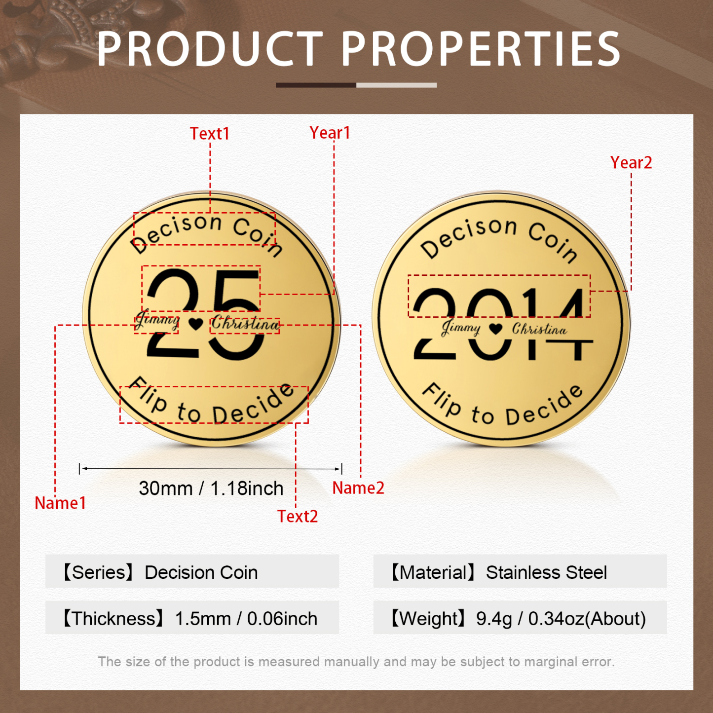 2 PCS Personalized Name Stainless Steel Anniversary Coin Custom Text And Year Special Gift
