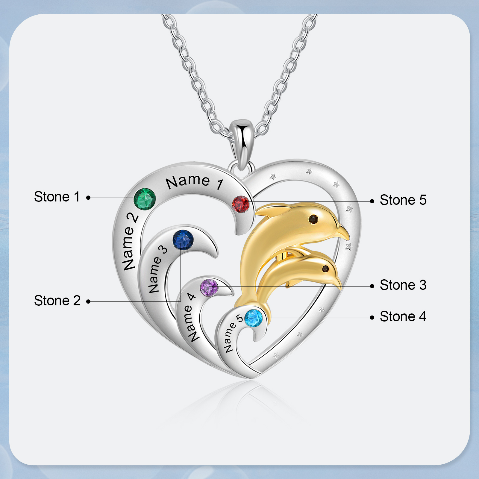 5 Names - Personalised Beautiful Dolphin Heart Necklace with Customized Name and Birthstone Gift for Her