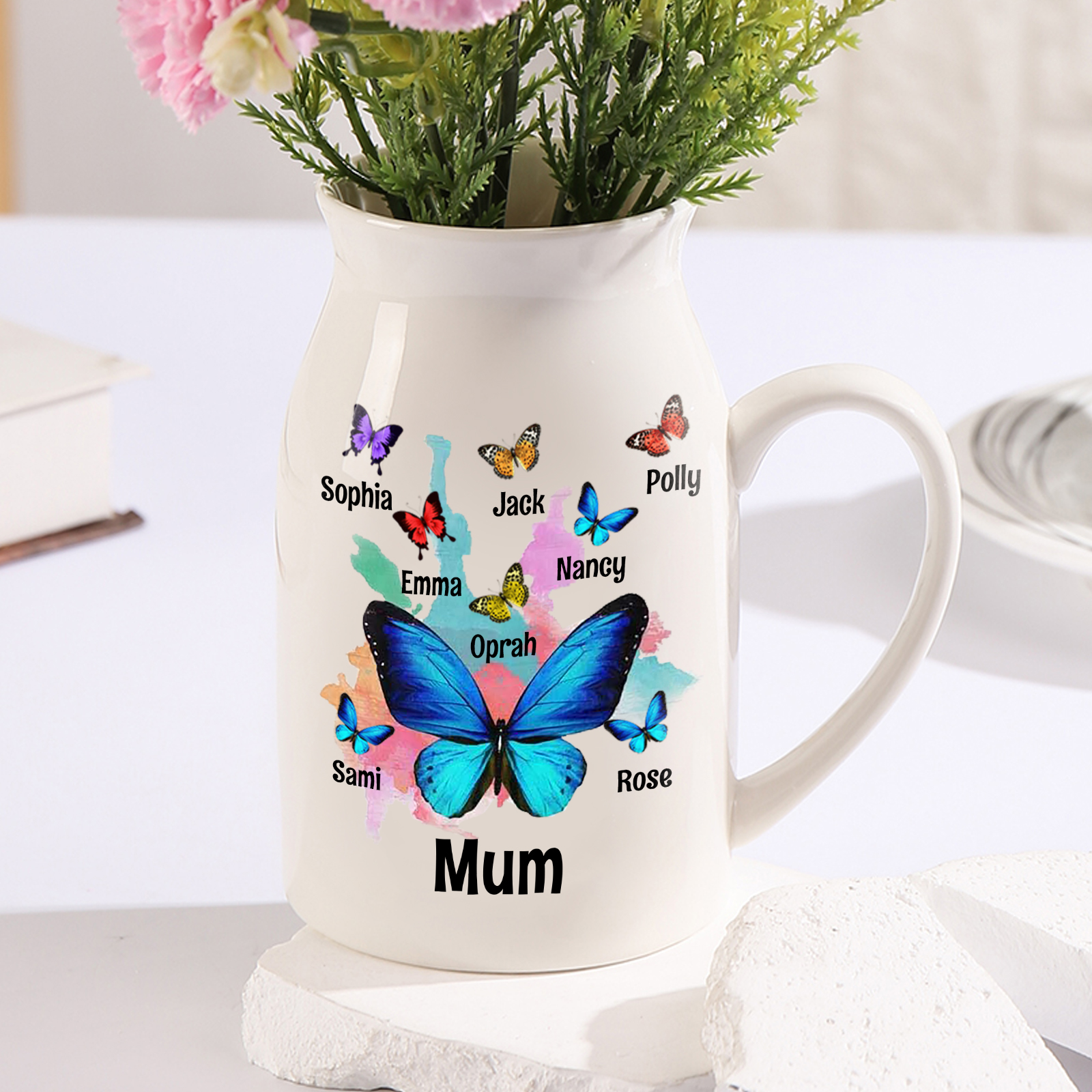 8 Names - Personalised Beautiful Colorful Butterfly Style Ceramic Vase with Customizable Names As a Wonderful Gift For Mum