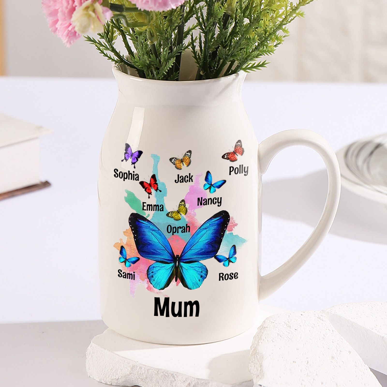 8 Names - Personalised Beautiful Colorful Butterfly Style Ceramic Vase with Customizable Names As a Wonderful Gift For Mum