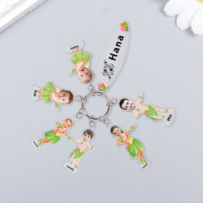 6 Names - Personalised Hawaiian Style Keyring With 6 Photo,6 Name and Text, Gift For Family