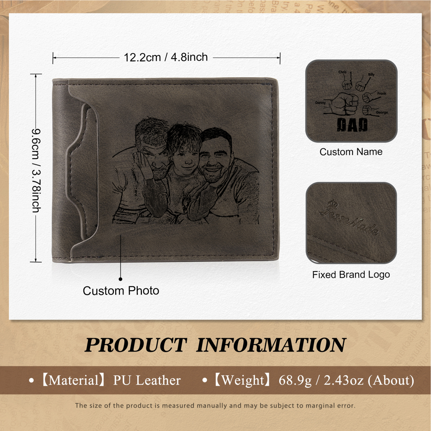 5 Names - Personalised Photo Custom Leather Men's Folding Wallet as a Father's Day Gift for Dad