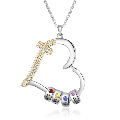 Personalised 2-5 Names Beads Cross Heart Shaped Birthstones Necklace for Her