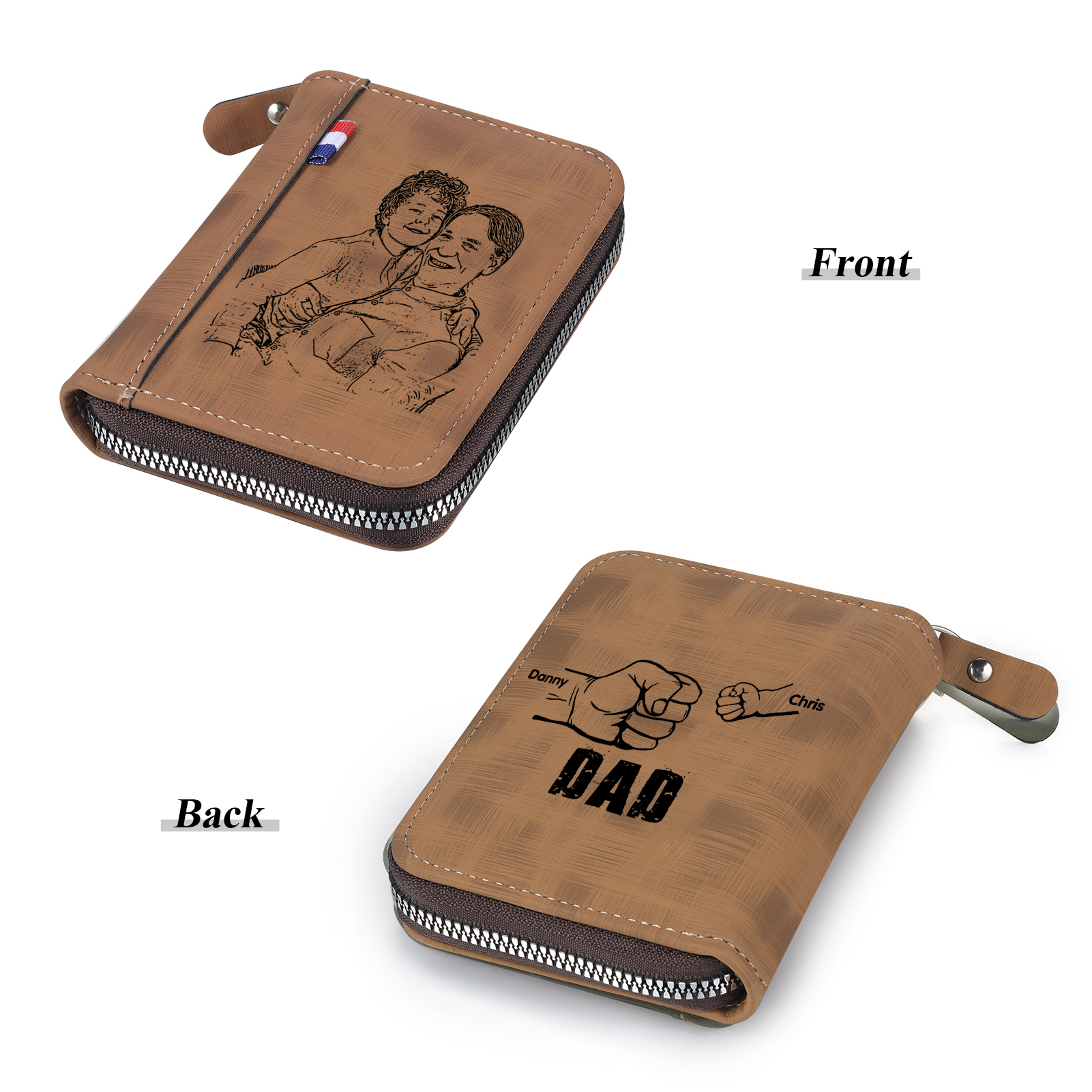 2 Names - Personalised Fist Bump Fist Bump Photo Custom Leather Men's Zipper Wallet as a Father's Day Gift for Dad