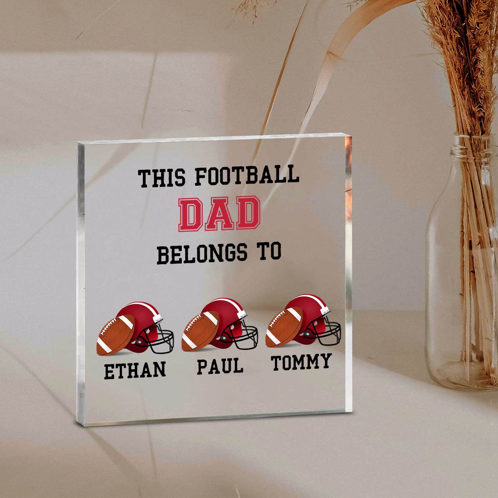 3 Names -Personalised Football Acrylic Keepsake Customized Name Acrylic Plaque Ornament Father's Day Gift for Dad