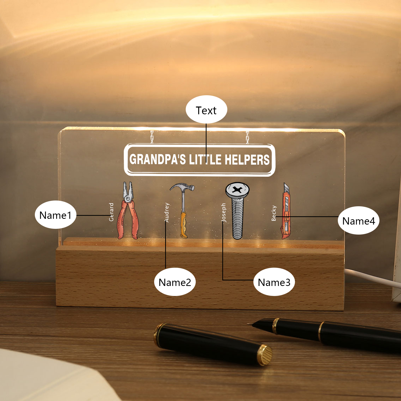4 Names - Personalised Repair Tool Pattern Table Lamp Customized Text Father's Day Gift for Grandad/Dad