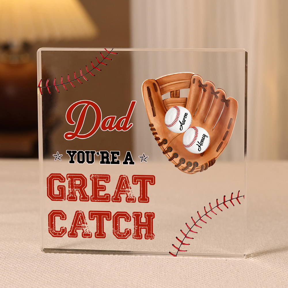 2 Names - Personalised Baseball Acrylic Keepsake Customized Name and Text Acrylic Plaque Ornament Father's Day Gift for Dad