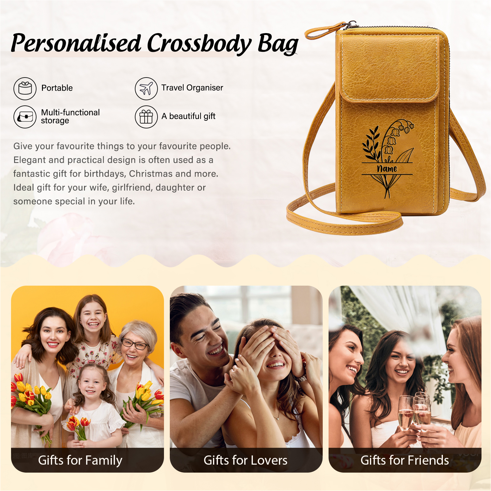 Custom Purse-Personalised Women's Leather Wallet Custom Birthflower & Name Mobile Phone Wallet Zipper Crossbody Bag
