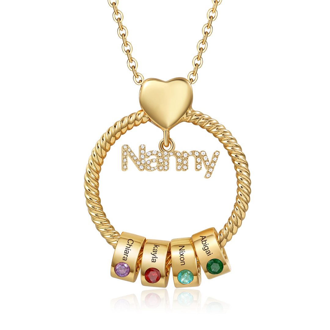 4 Names-Personalised Nanny Circle Necklace With 4 Birthstones Pendant Engraved Names Gift For Nanny