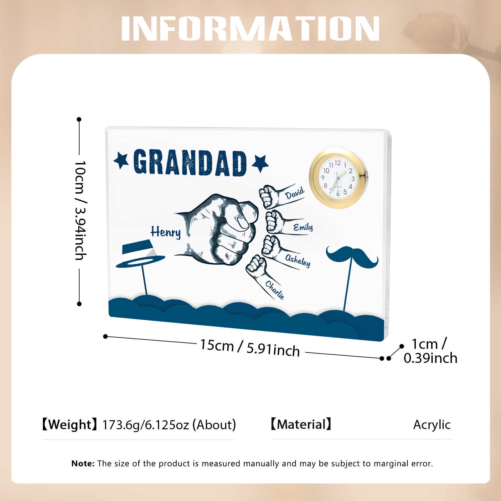 5 Names - Personalised Fist Bump Custom Name Acrylic Clock Ornament Father's Day Gift for Dad