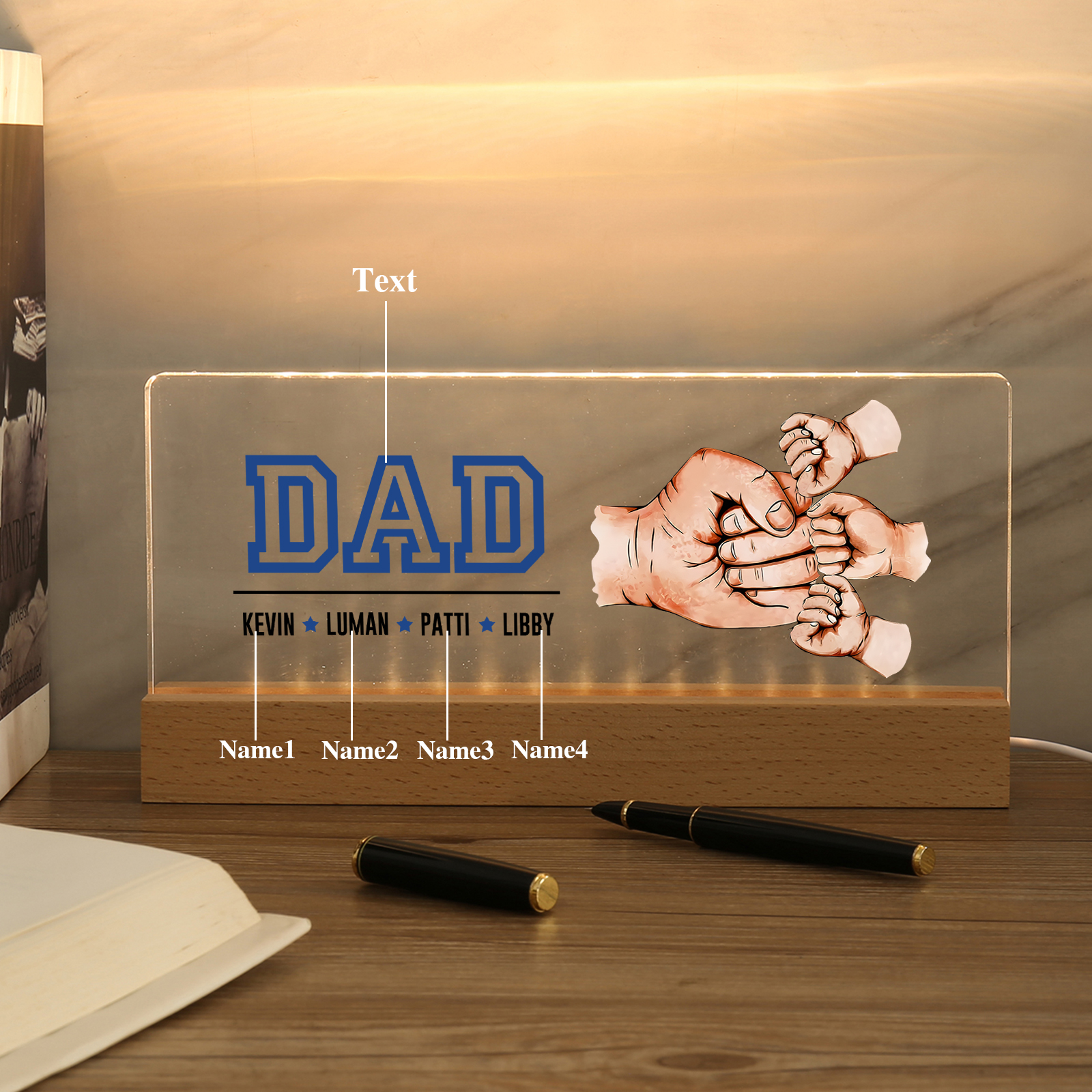 4 Names - Personalised Fist Bump Table Lamp - Dad's Dream Team - Father's Day Gift for Dad