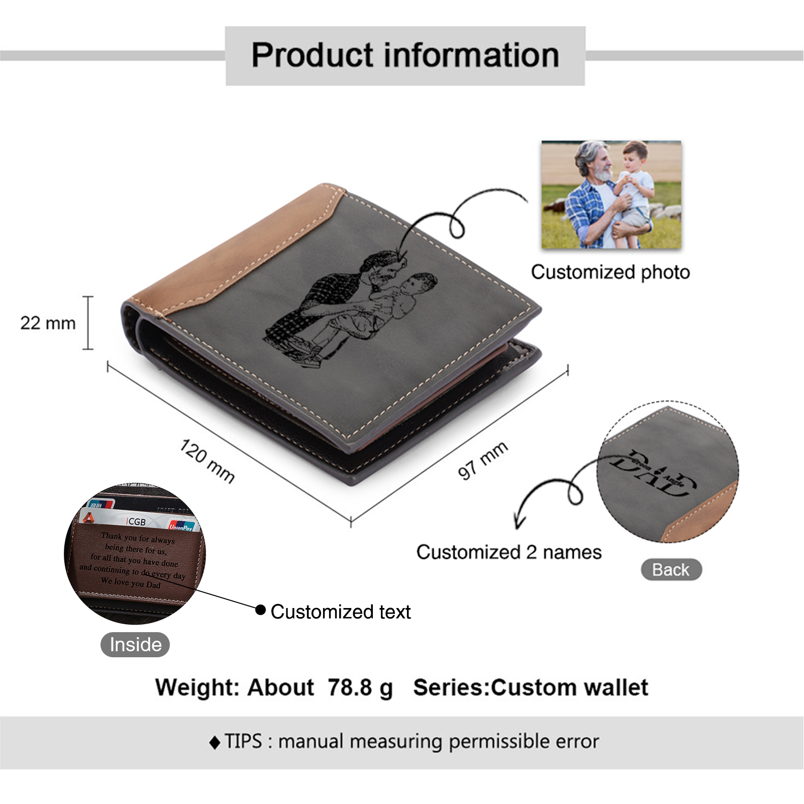 2 Names - Personalised Photo & Name Custom Leather Men's Wallet as a Father's Day Gift for Dad