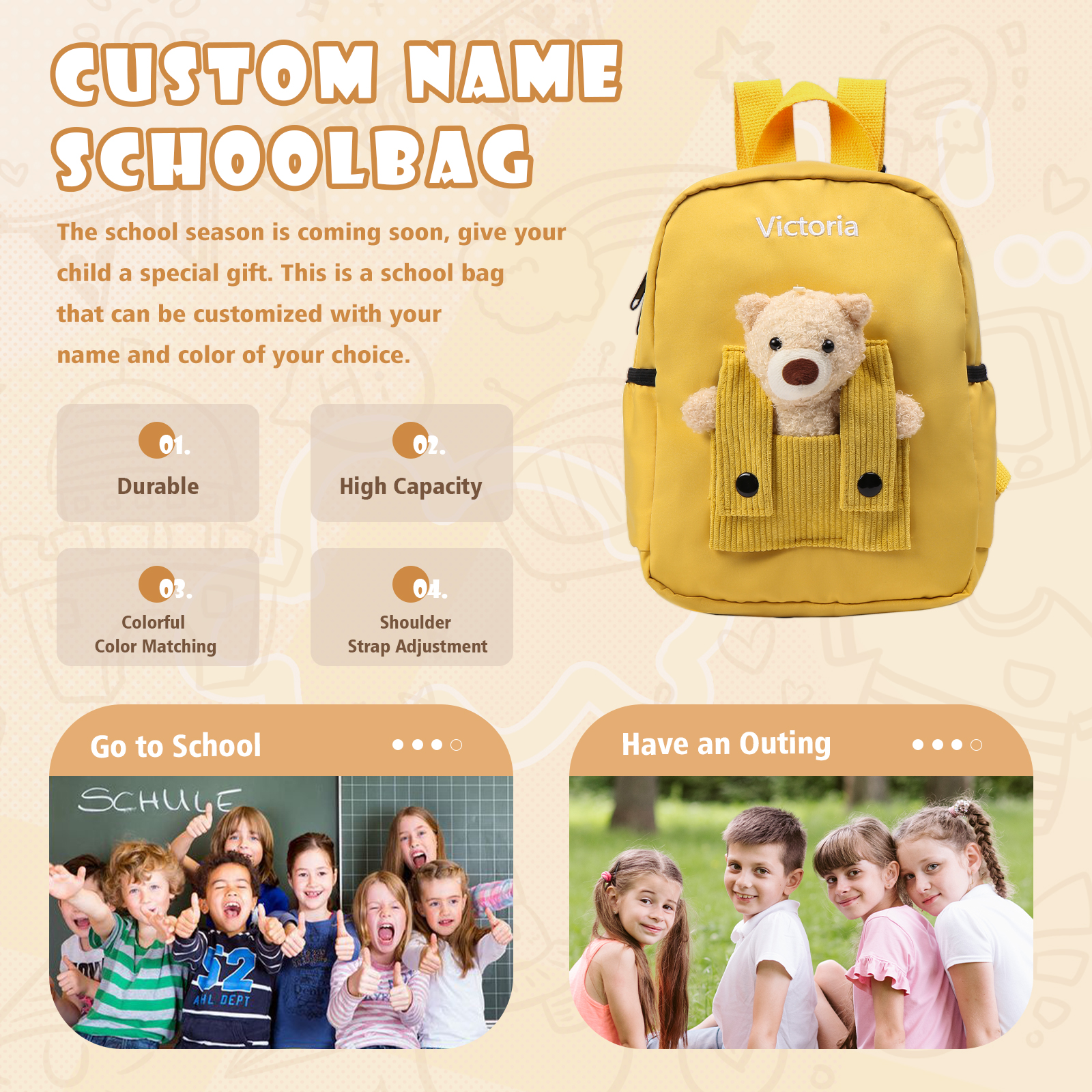 Personalised Bear School Bag Custom Name Canvas Backpack Back To School Gift for Kids