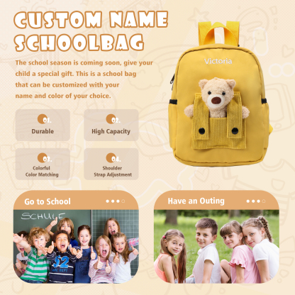 Personalised Bear School Bag Custom Name Canvas Backpack Back To School Gift for Kids