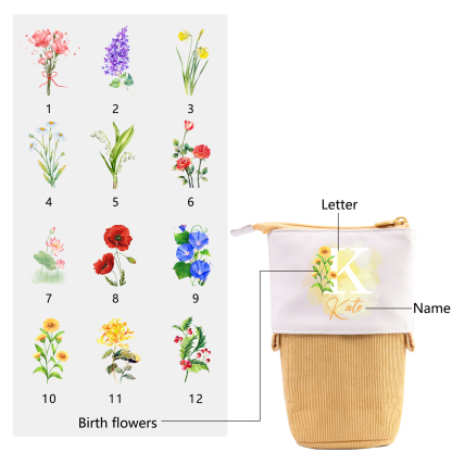 Personalised Pencil Case Custom Name & Letter & Birthday Flower Pen Pouch Back To School Gift for Kids