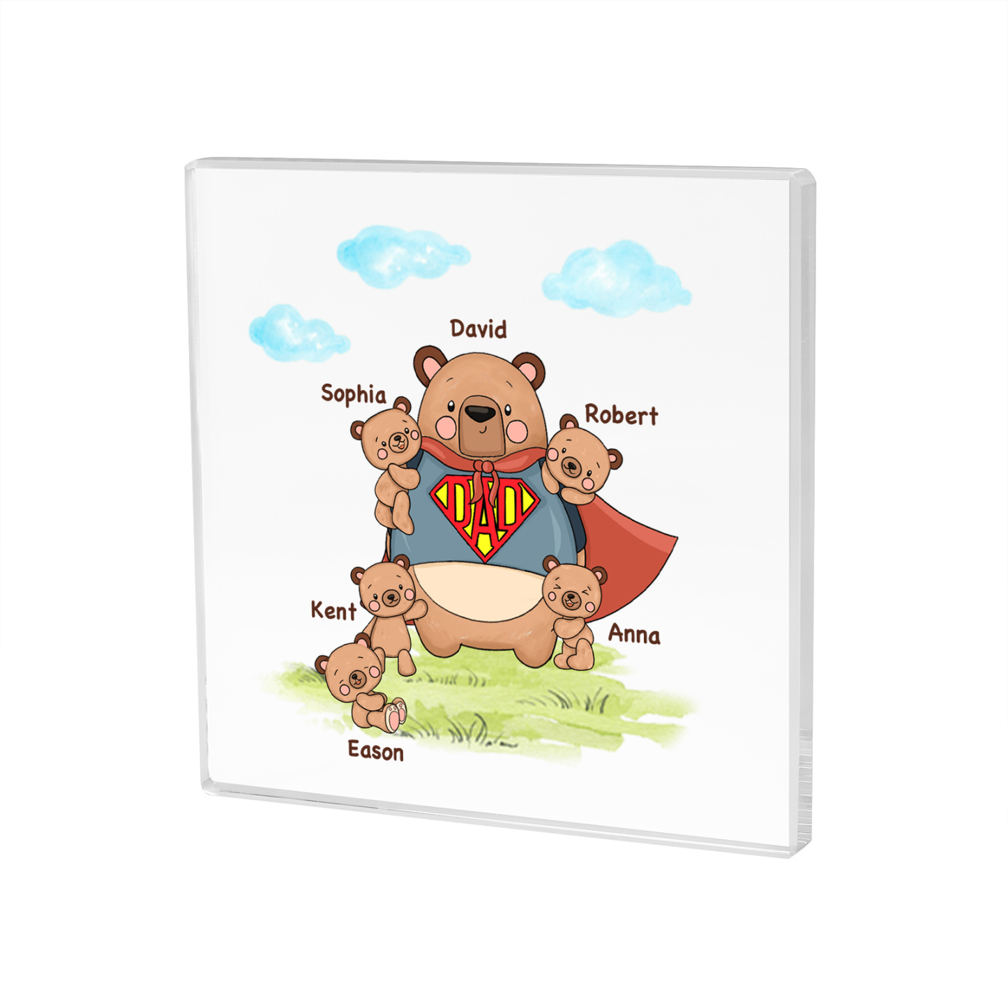 6 Names-Personalised Super Bear Family Acrylic Keepsake-Custom Text and Names-Acrylic Plaque Home Decoration Gift for Dad/Grandad