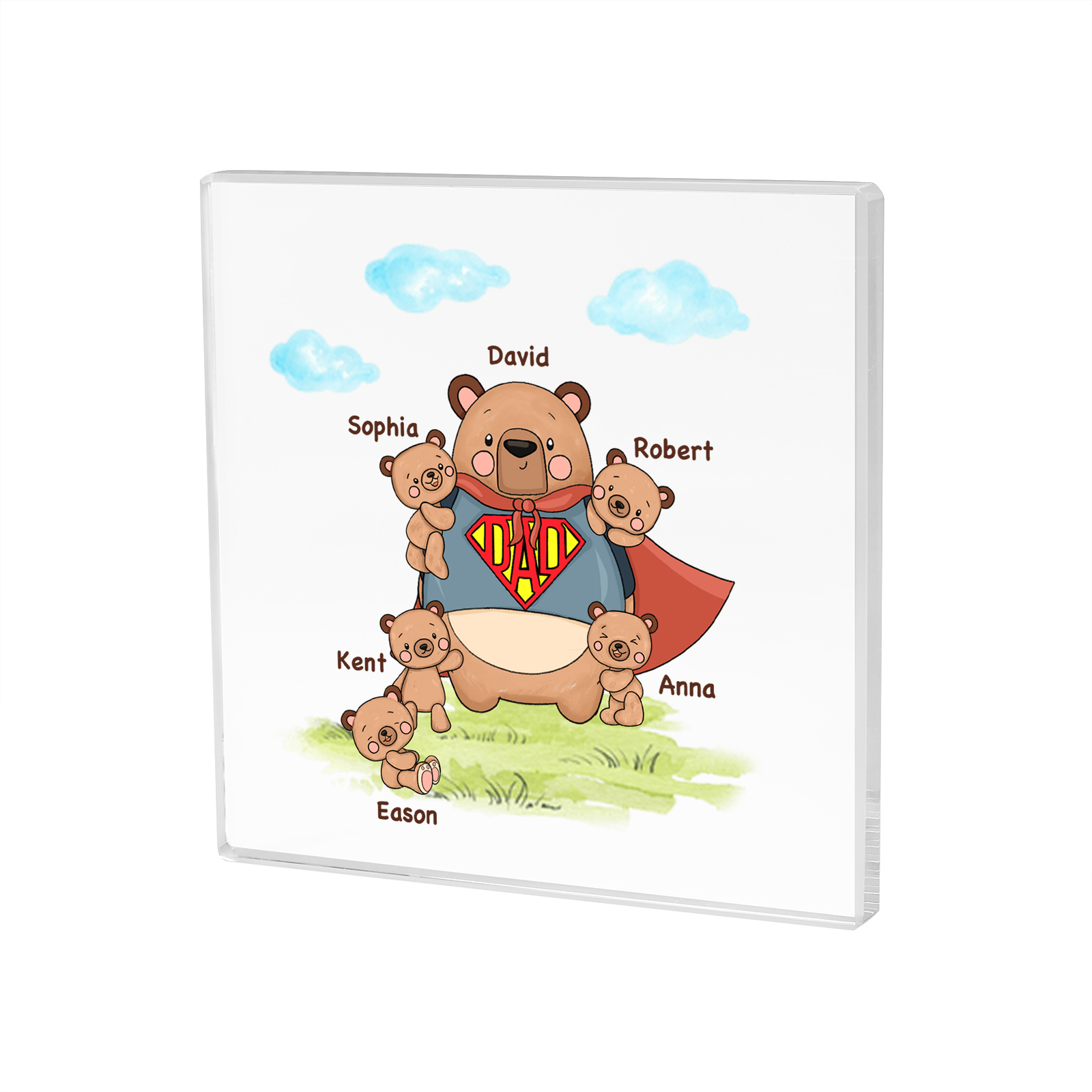 6 Names-Personalised Super Bear Family Acrylic Keepsake-Custom Text and Names-Acrylic Plaque Home Decoration Gift for Dad/Grandad