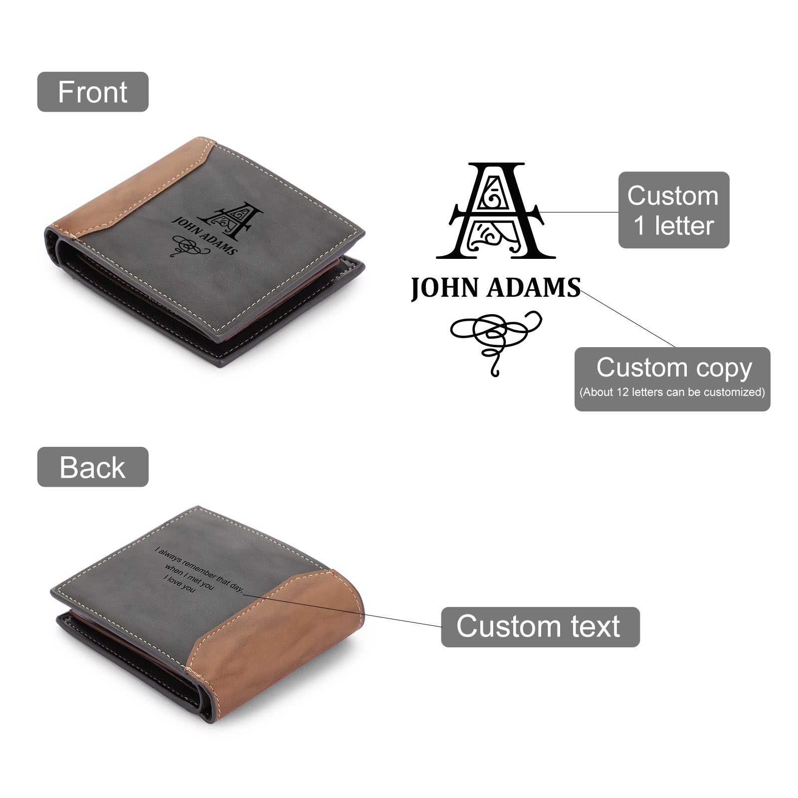 Personalised Leather Wallet Engraved Letter Short Wallet Custom Folding Wallet Gifts For Men