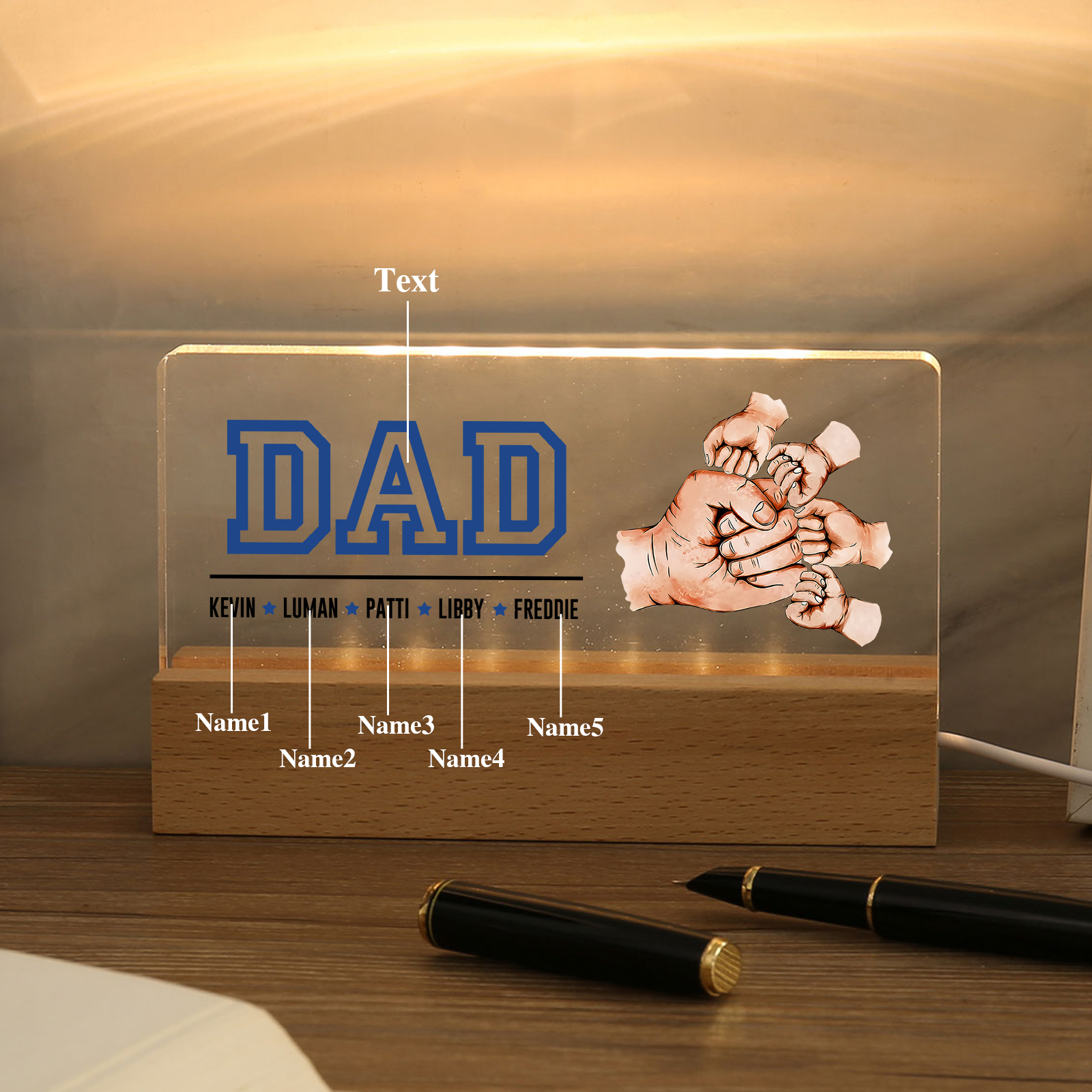5 Names - Personalised Fist Bump Table Lamp - Dad's Dream Team - Father's Day Gift for Dad