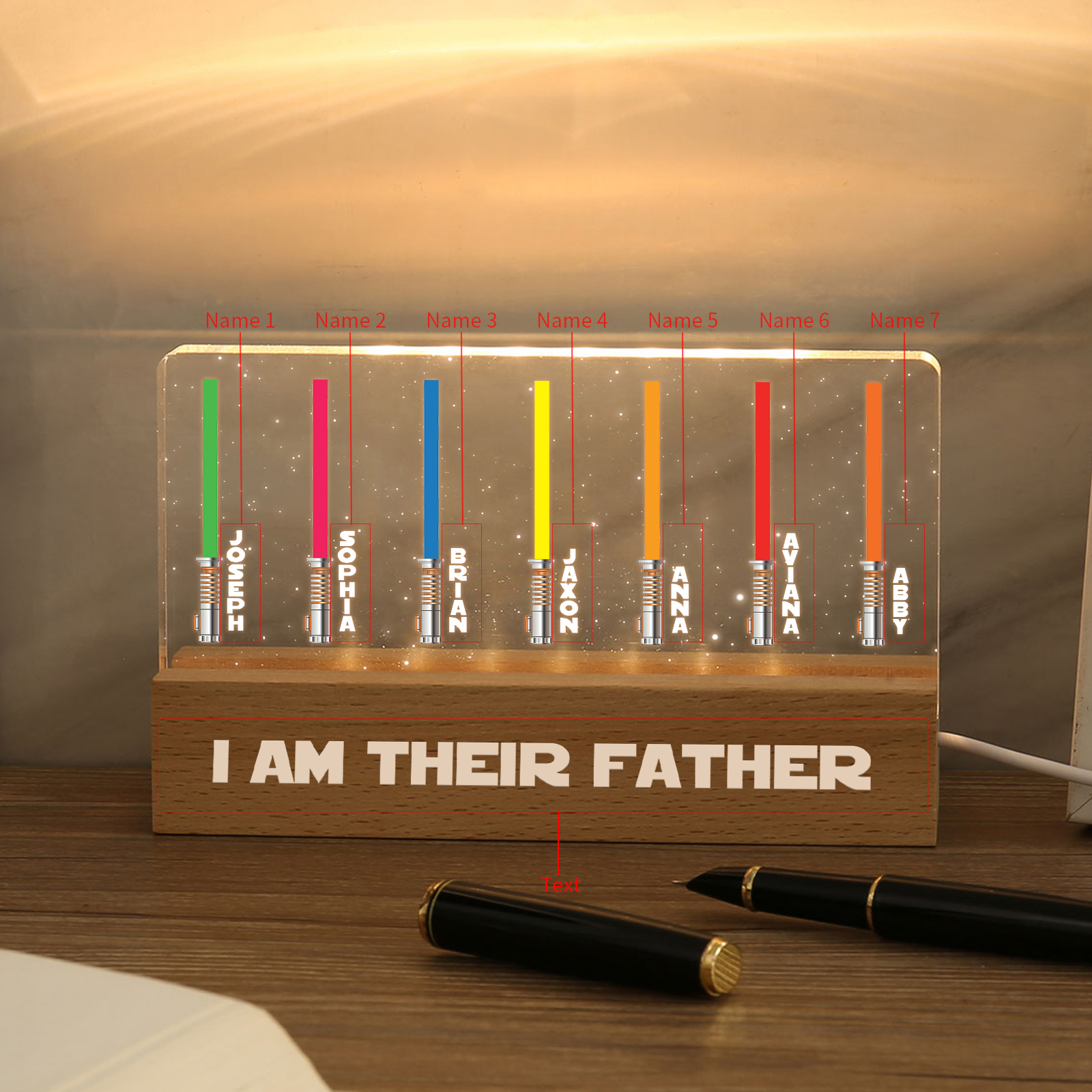 Personalised Star Wars Logo Father's Day Gift - I'm Their Dad - Table Lamp with 7 Names