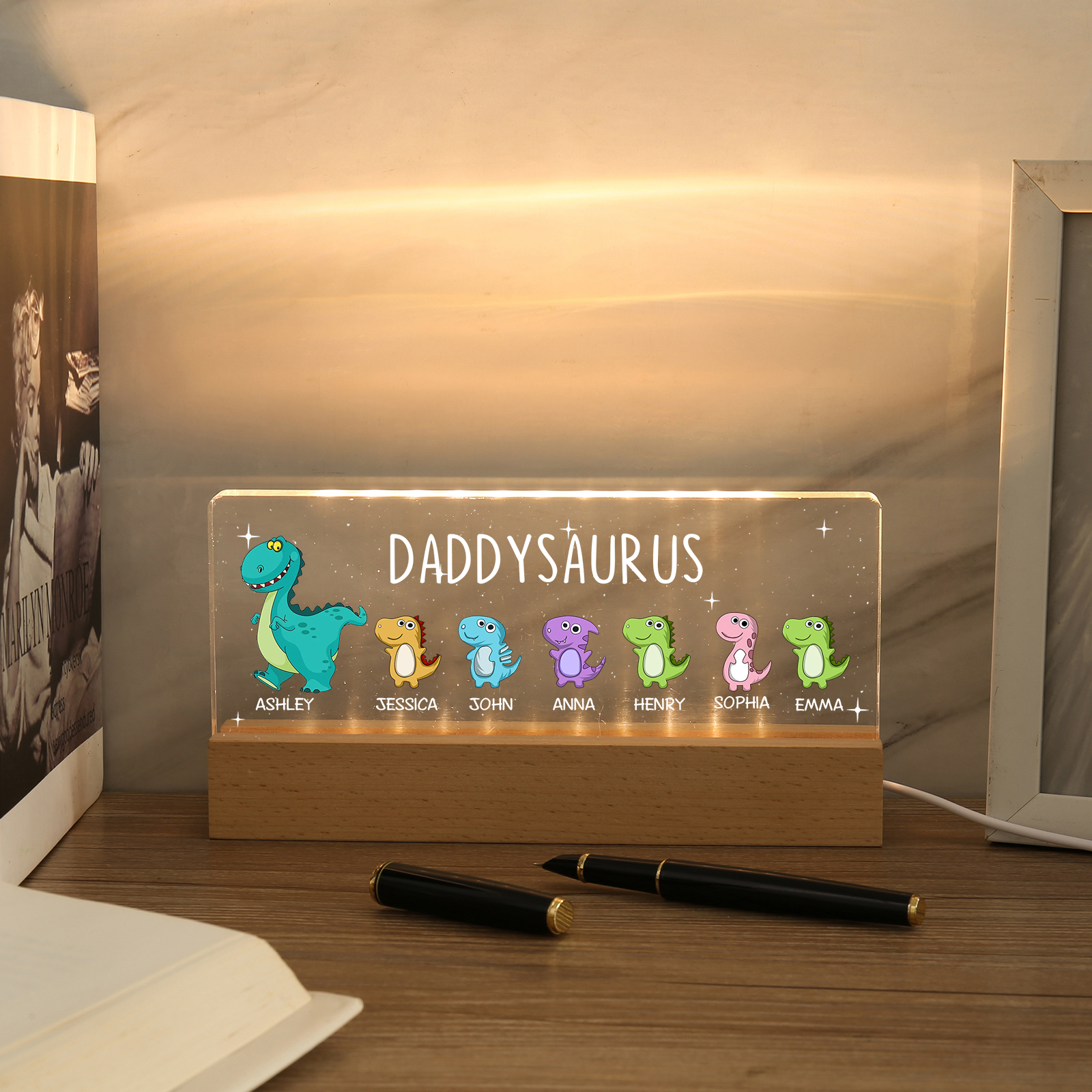 7 Names - Personalised Cute Dinosaur Pattern Beautiful Table Lamp Father's Day Gift for Dad
