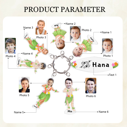6 Names - Personalised Hawaiian Style Keyring With 6 Photo,6 Name and Text, Gift For Family