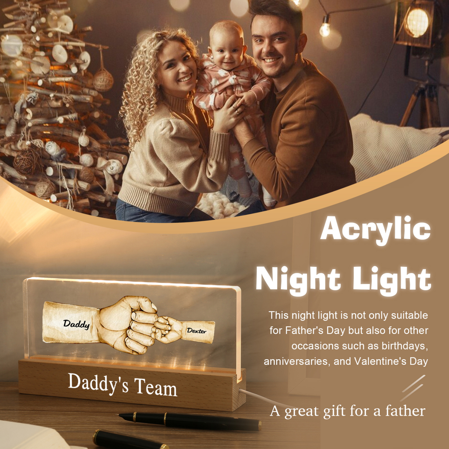 2 Names - Personalised Fist Bump Pattern Table Lamp Customized Text Father's Day Gift for Dad