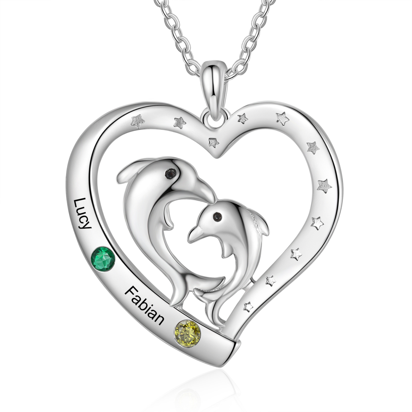 2 Names - Personalised Beautiful Dolphin Heart Necklace with Customized Name and Birthstone Gift for Her