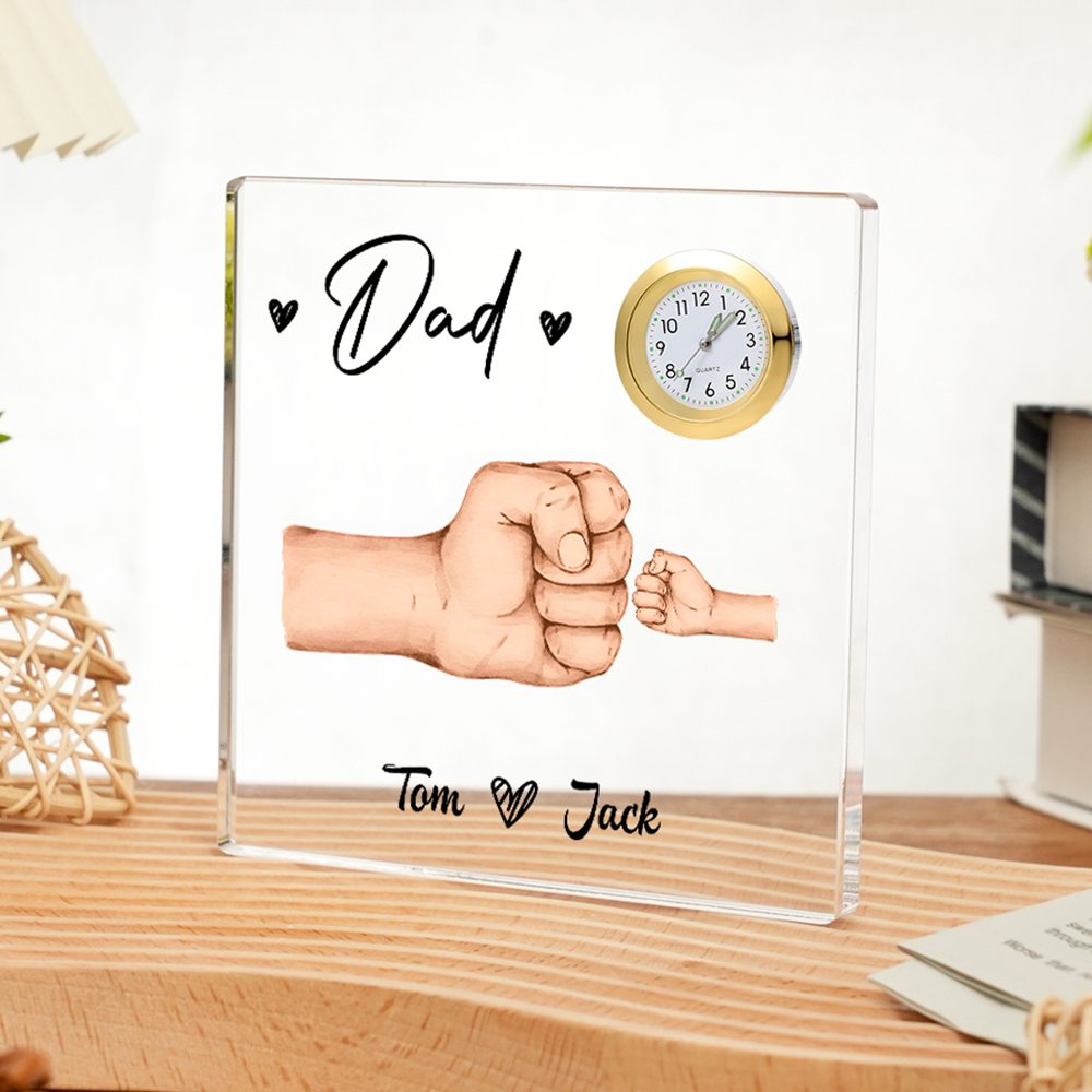2 Names - Personalised Fist Bump Style Acrylic Clock Ornament Customized Name and Text Acrylic Father's Day Gift for Dad