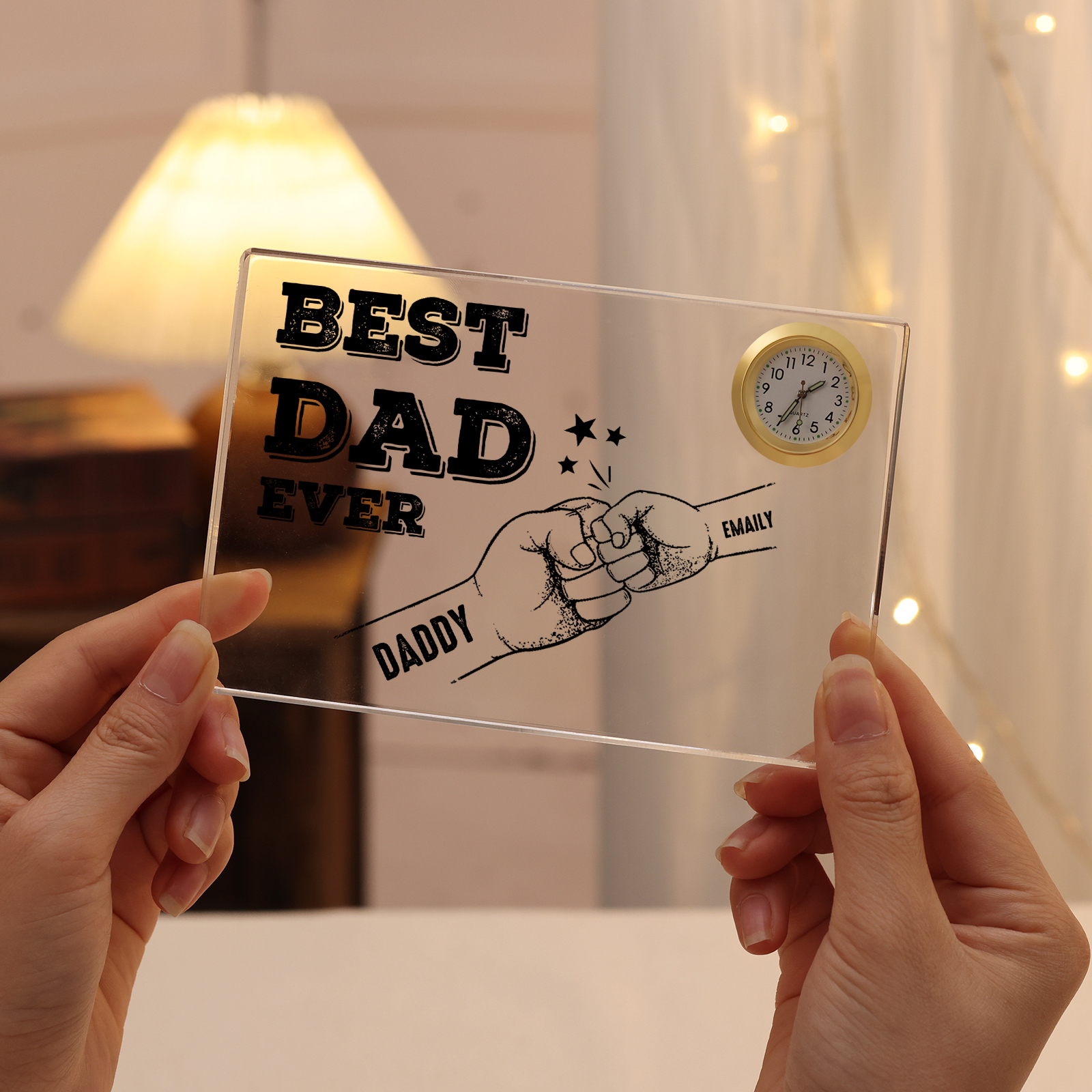 2 Names - Personalised Fist Bump Pattern Custom Name Acrylic Rectangular Clock Ornament Father's Day Gift