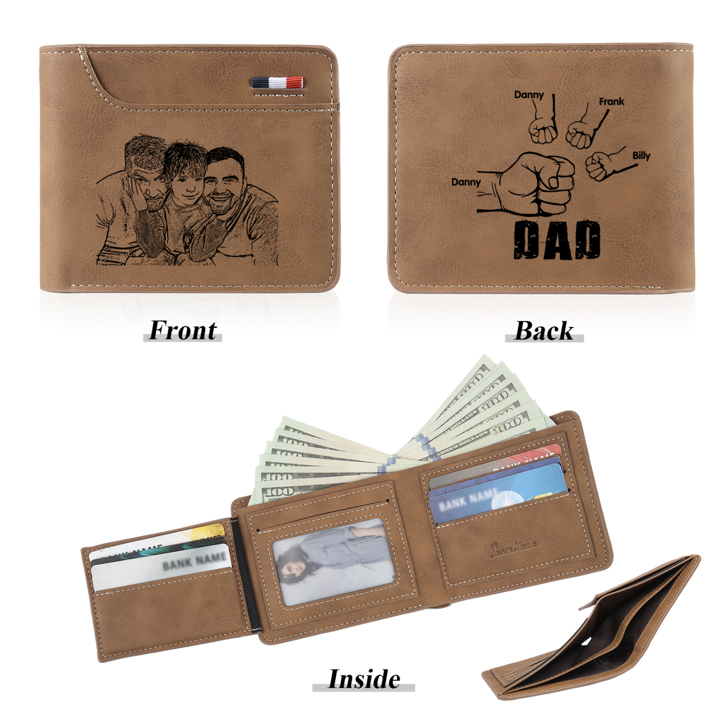 4 Names - Personalised Photo Custom Leather Men's Folding Wallet as a Father's Day Gift for Dad