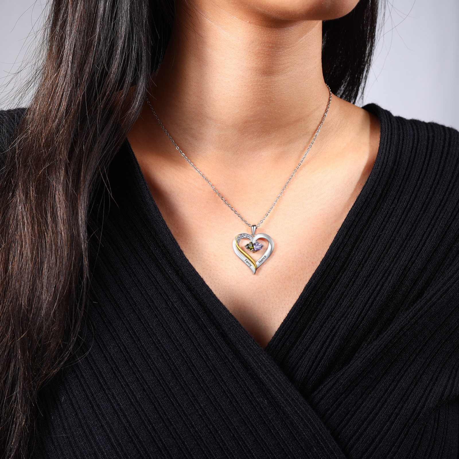 Personalised S925 Silver Heart Name Birthstone Necklace for Women