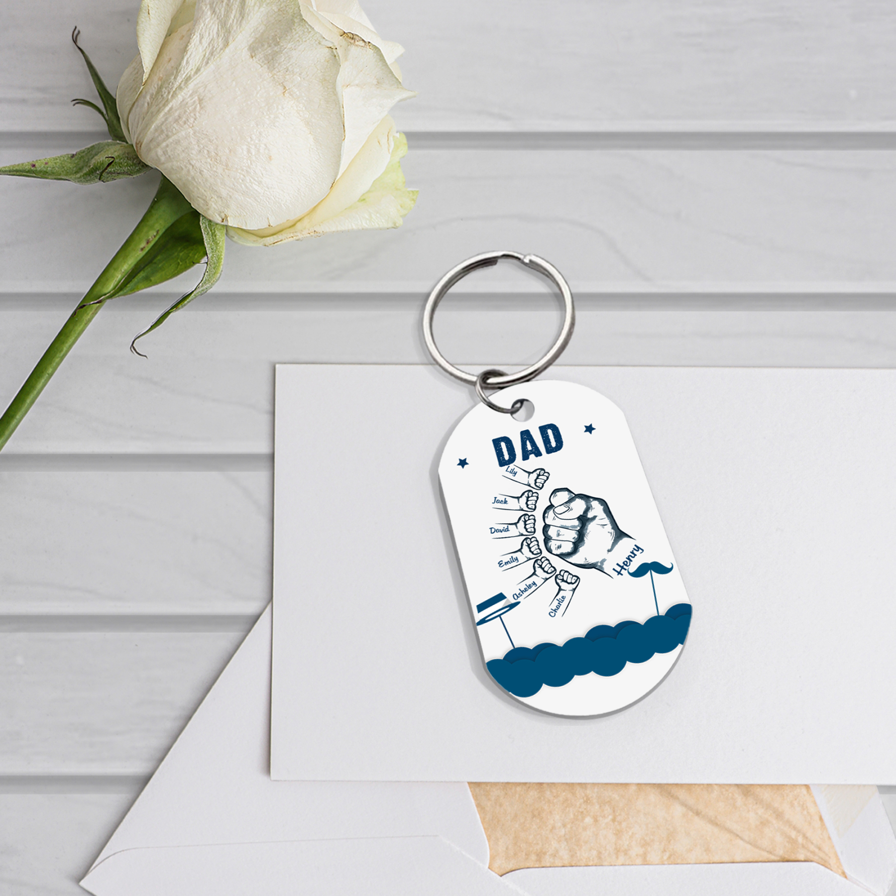 7 Names - Personalised Custom Fist Bump Keyring Hat and Beard Style Keyring Gift for Dad